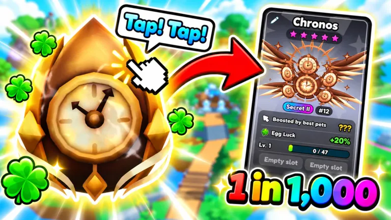 Official Tap Simulator Reborn artwork of the Chronos secret egg stand with a 1 in 1,000 hatch label