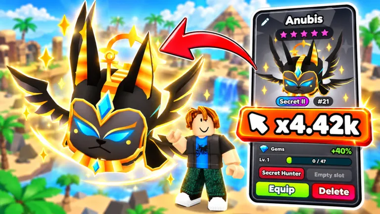 Official Tap Simulator Reborn artwork showing the Anubis secret pet beside its multiplier stat panel