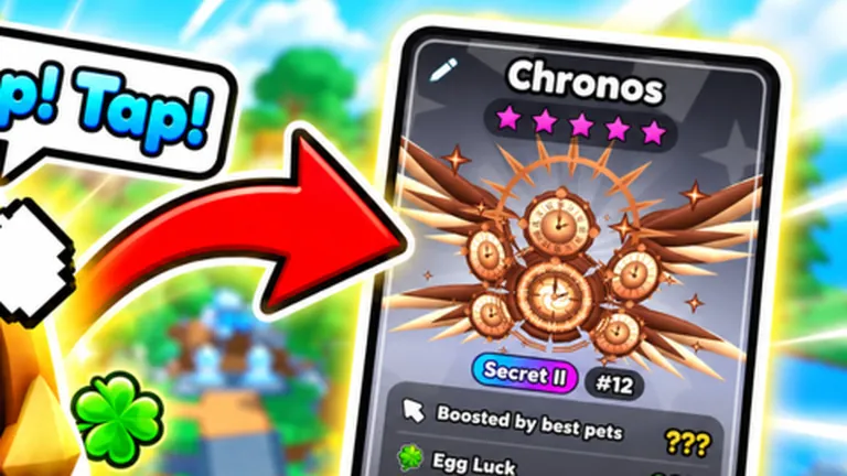 Official Tap Simulator Reborn artwork of the Chronos secret pet panel showing hatch and luck stats