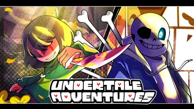 Official Undertale Adventures X key art showing Sans and Chara in the game's banner art