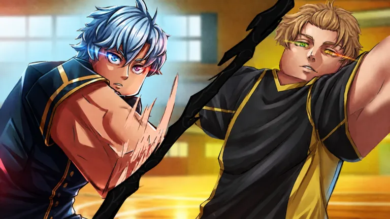 Blue-haired setter and blonde blocker facing each other at the net in a warm training hall