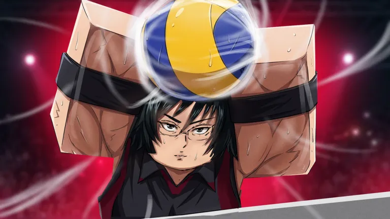 Black jersey blocker stretching both arms wide beneath the ball on a red and purple court