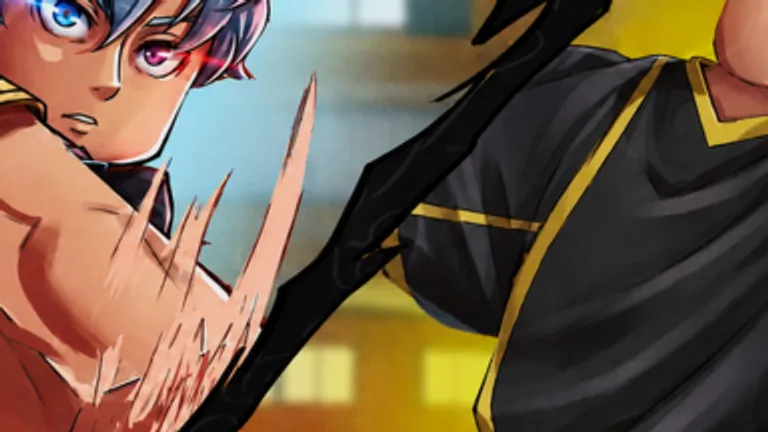 Two anime volleyball players trading shots at the net in a bright gym