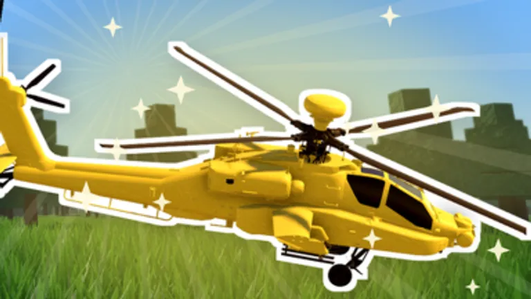 Gold painted helicopter hovering above a grass field in side view