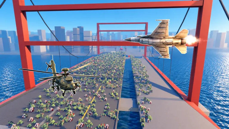 Fighter jet and helicopters flying over a zombie-covered red suspension bridge with city skyline