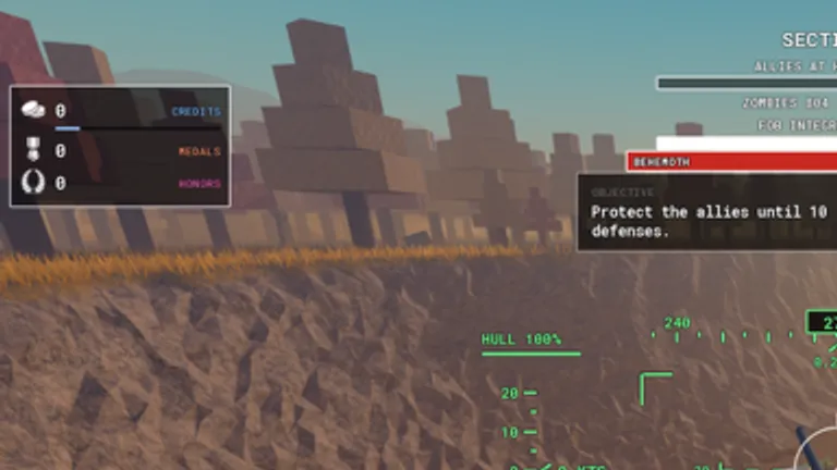 Sand mission HUD showing defend objective prompt and Behemoth health bar