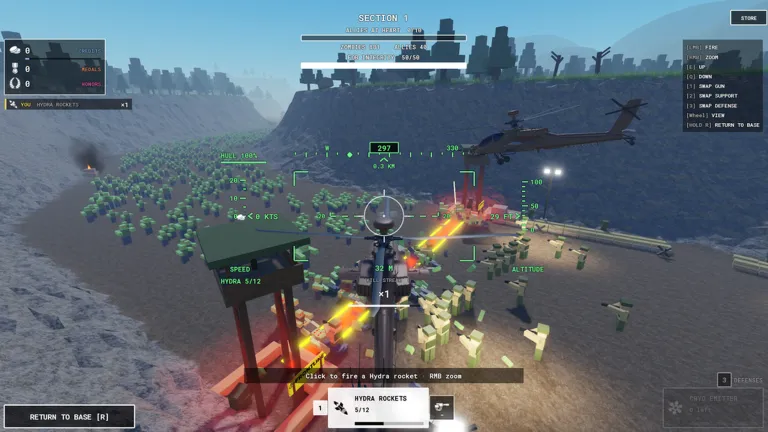 Helicopter firing rockets into dense zombie crowds among ruined town buildings