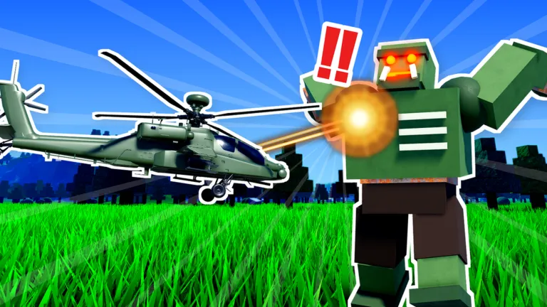 Helicopter facing a giant green zombie with glowing red eyes on a grassy field