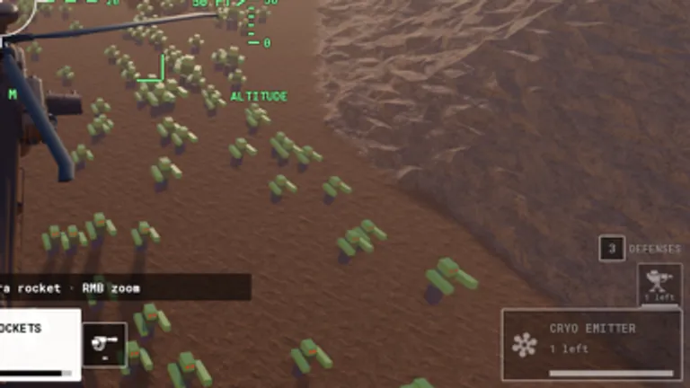 Helicopter cockpit view of a zombie horde charging through a canyon with defense panels on the HUD