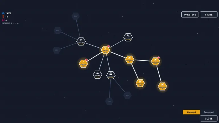 Hexagonal upgrade skill tree screen with Prestige and Store buttons
