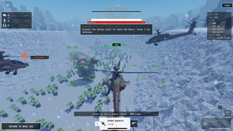 Snowy zombie horde surrounding a crashed transport plane while multiple helicopters defend